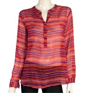 Liz Claiborne Long Sleeve Striped Button 1/2 Way Red and Purple Tunic